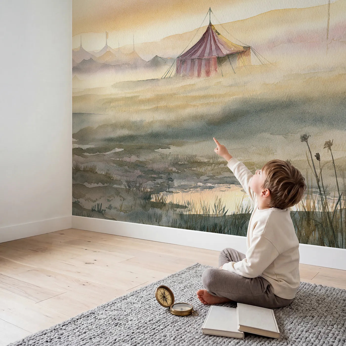 Child in nursery with Big Top Dawn Wallpaper Mural by Whimsy Tots