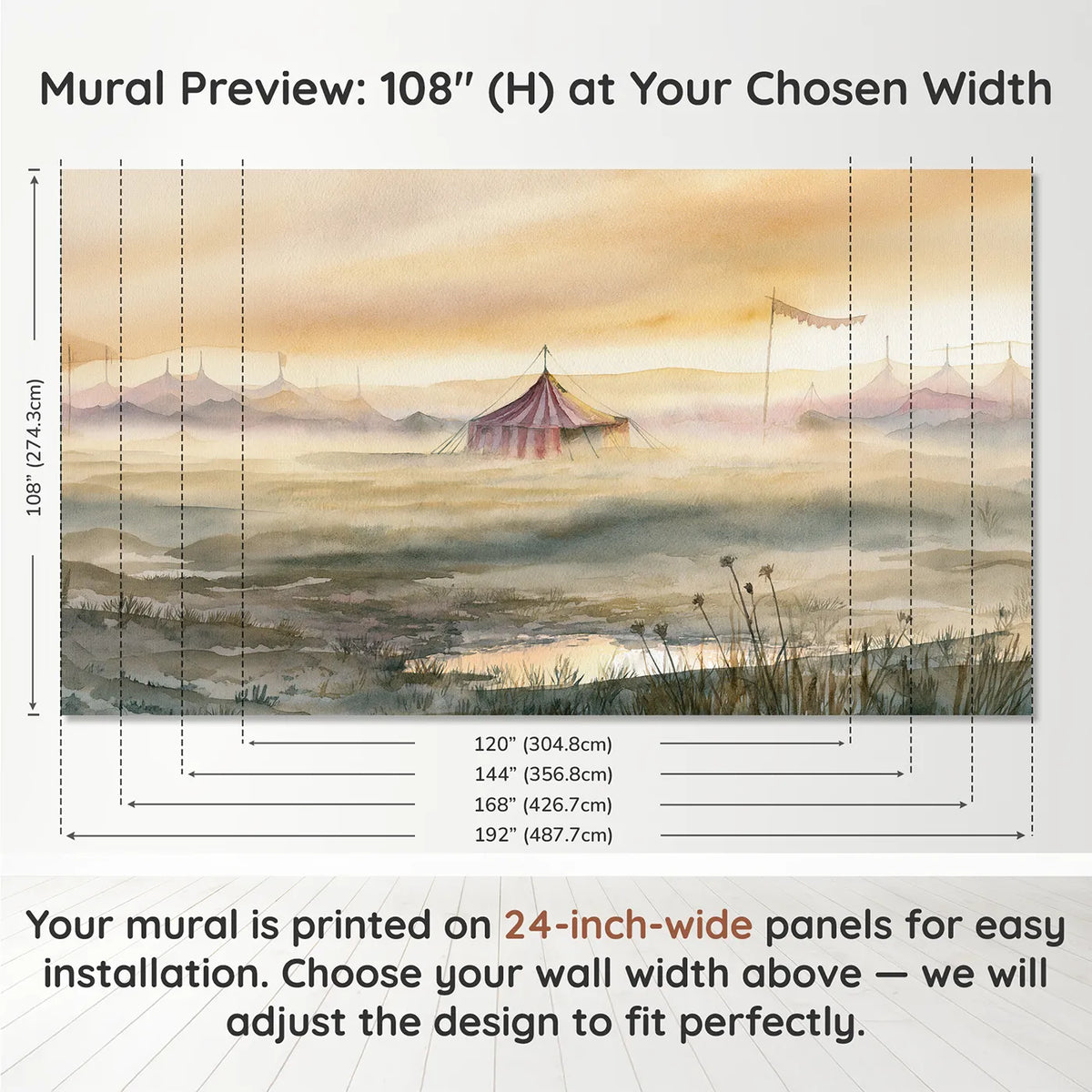 Panel layout and dimensions for Big Top Dawn Wallpaper Mural by Whimsy Tots
