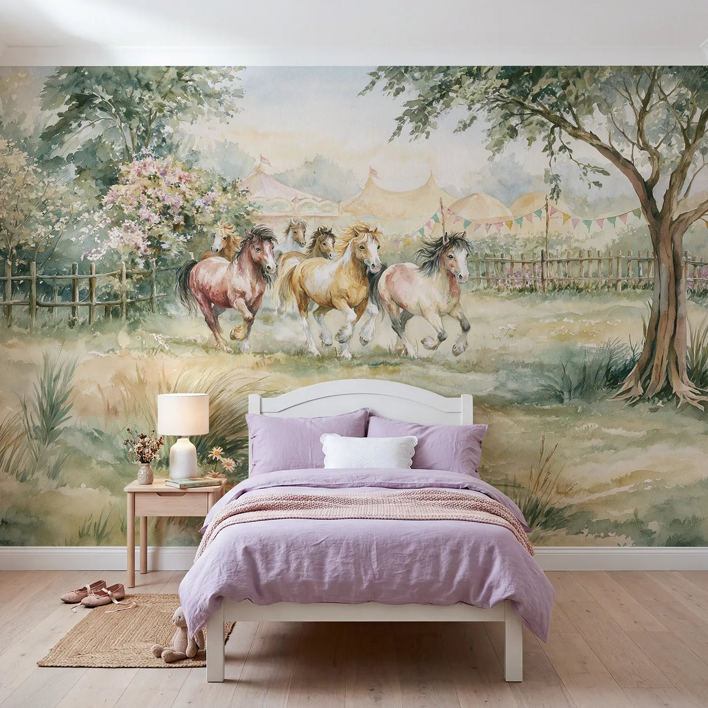 Watercolor wall mural of ponies trotting by a fairground on warm cream by Whimsy Tots