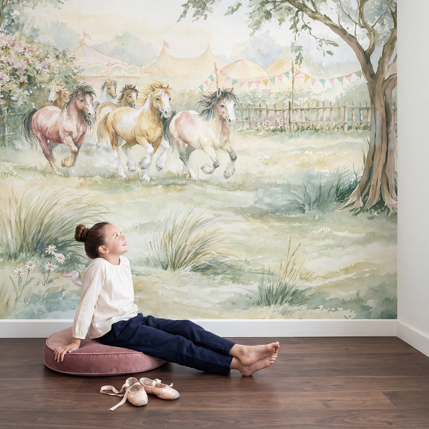 Child in nursery with Friendly Circus Ponies Wallpaper Mural by Whimsy Tots