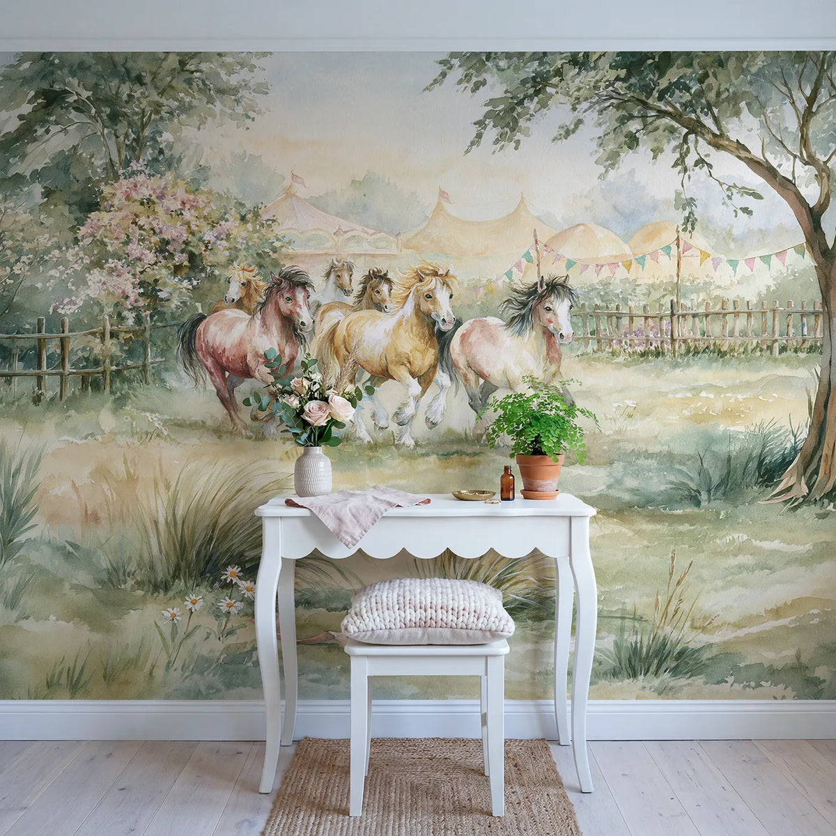 Friendly Circus Ponies Wallpaper Mural in playroom setting by Whimsy Tots