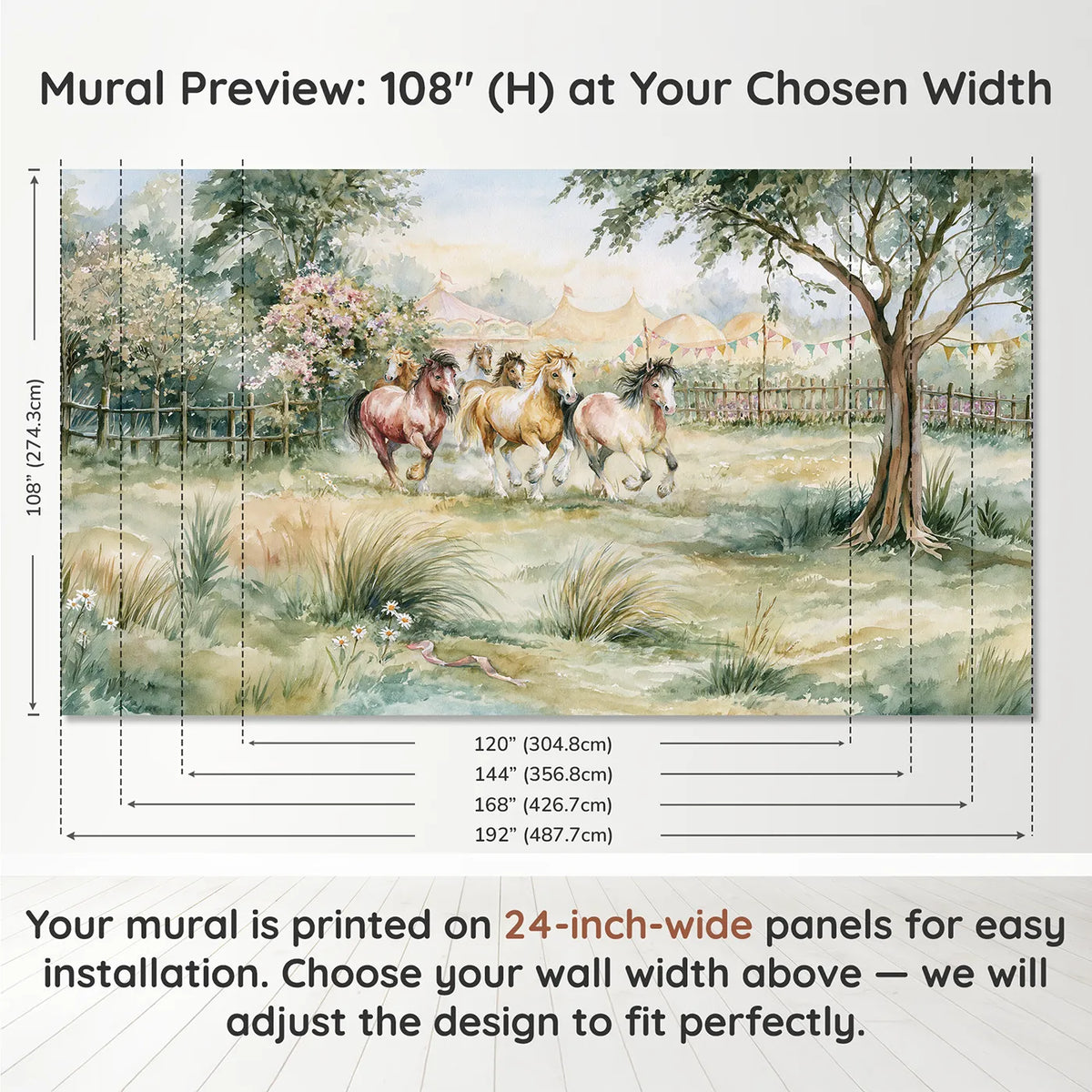 Panel layout and dimensions for Friendly Circus Ponies Wallpaper Mural by Whimsy Tots