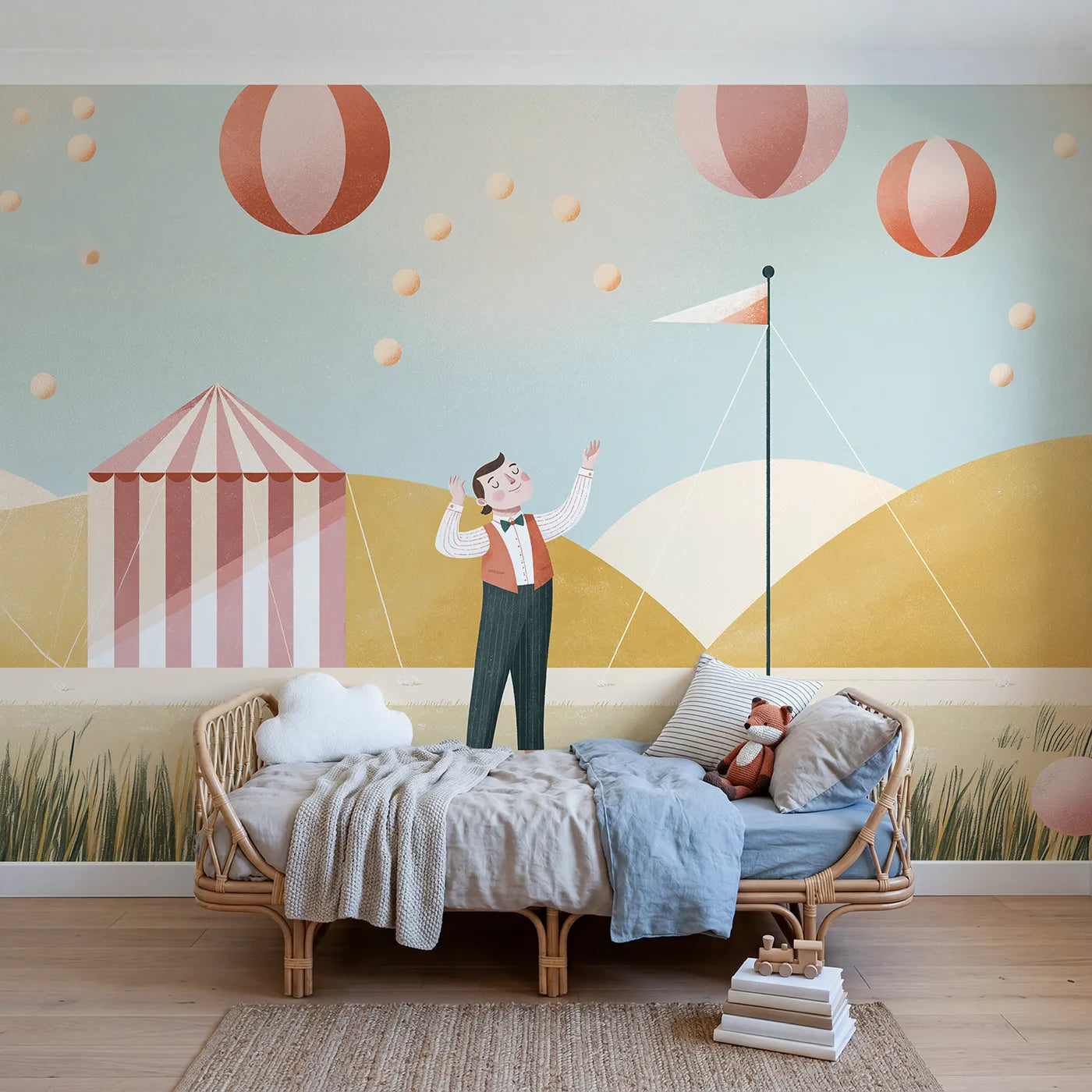 Gouache wall mural of a folk juggler tossing balls on warm cream by Whimsy Tots