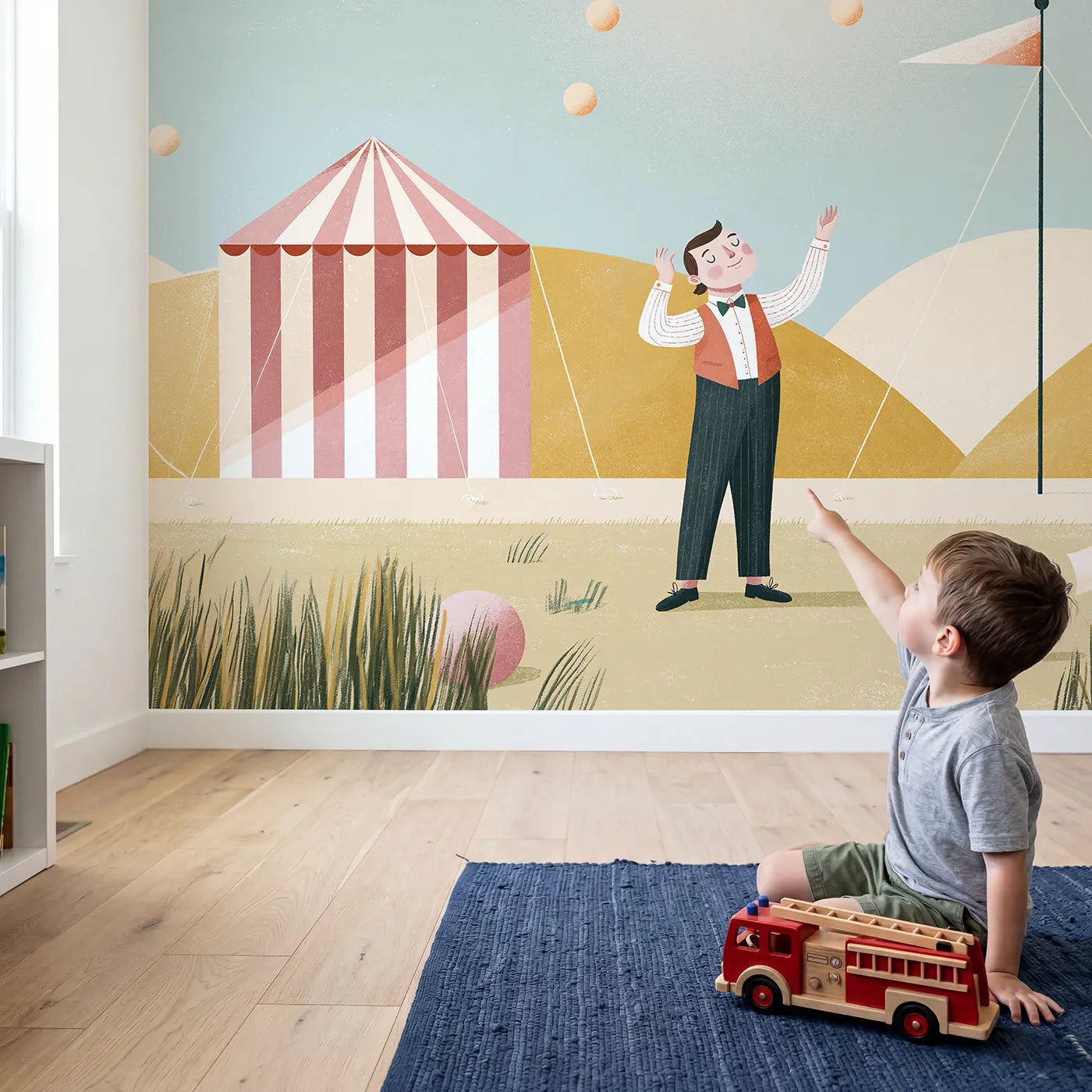 Child in nursery with Folk Juggler Joy Wallpaper Mural by Whimsy Tots