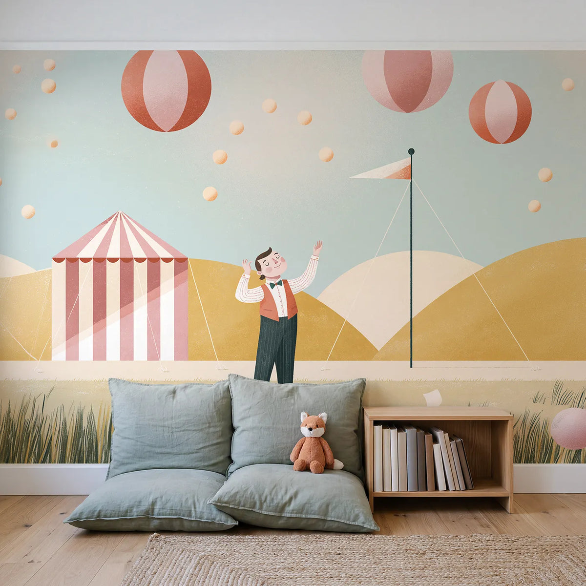 Folk Juggler Joy Wallpaper Mural in playroom setting by Whimsy Tots
