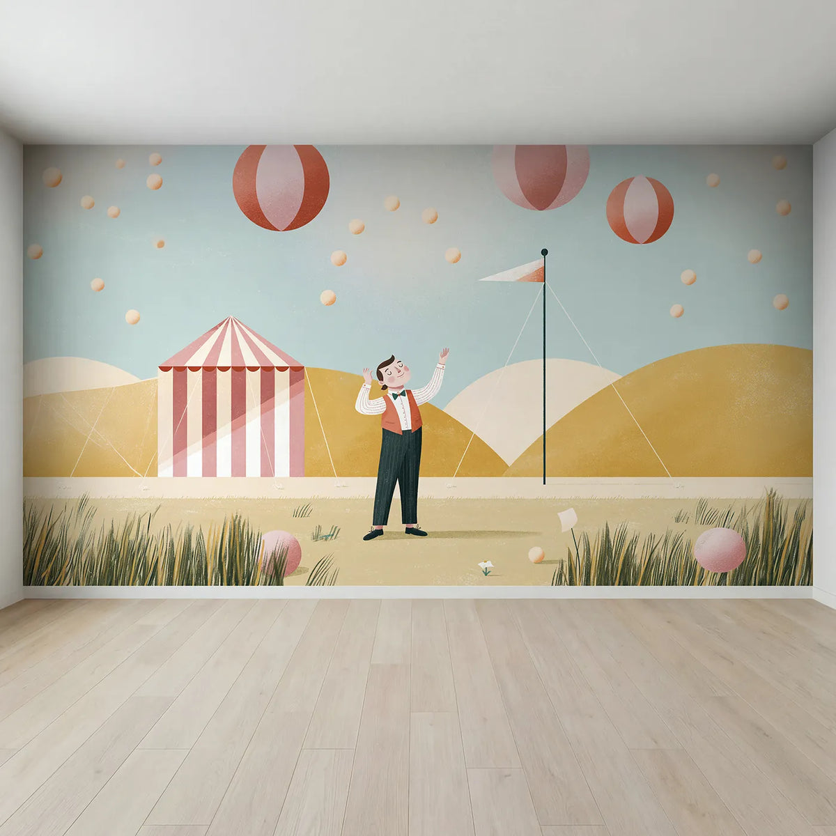 Full view of Folk Juggler Joy Wallpaper Mural by Whimsy Tots