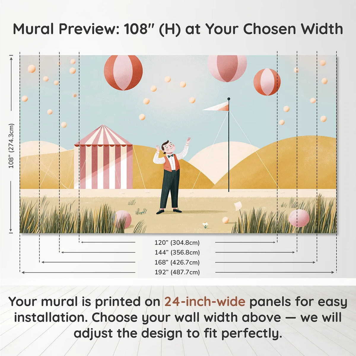 Panel layout and dimensions for Folk Juggler Joy Wallpaper Mural by Whimsy Tots