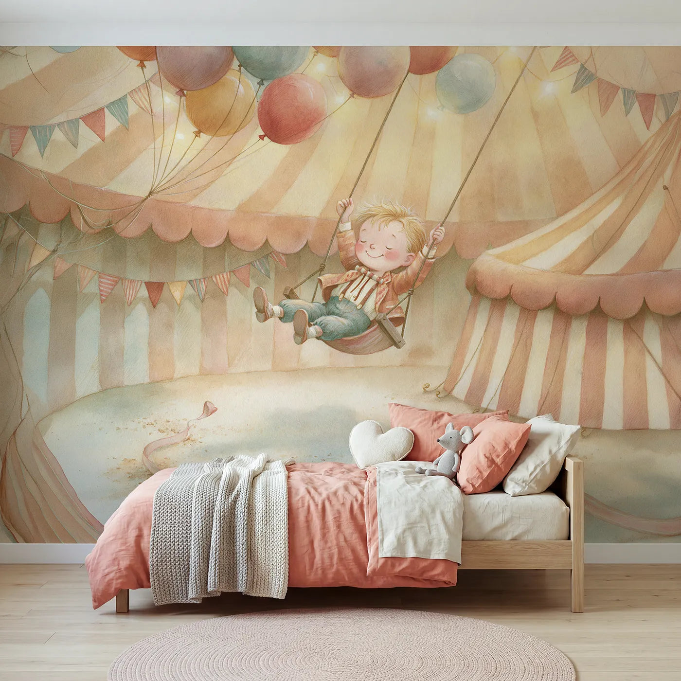 Storybook wall mural of an acrobat among balloons on warm cream by Whimsy Tots
