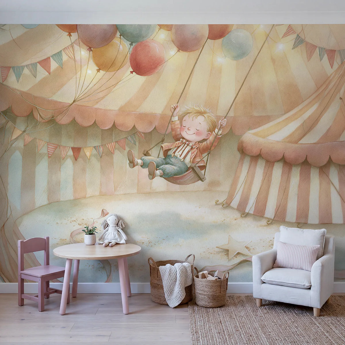 Acrobat Balloon Fun Wallpaper Mural in playroom setting by Whimsy Tots