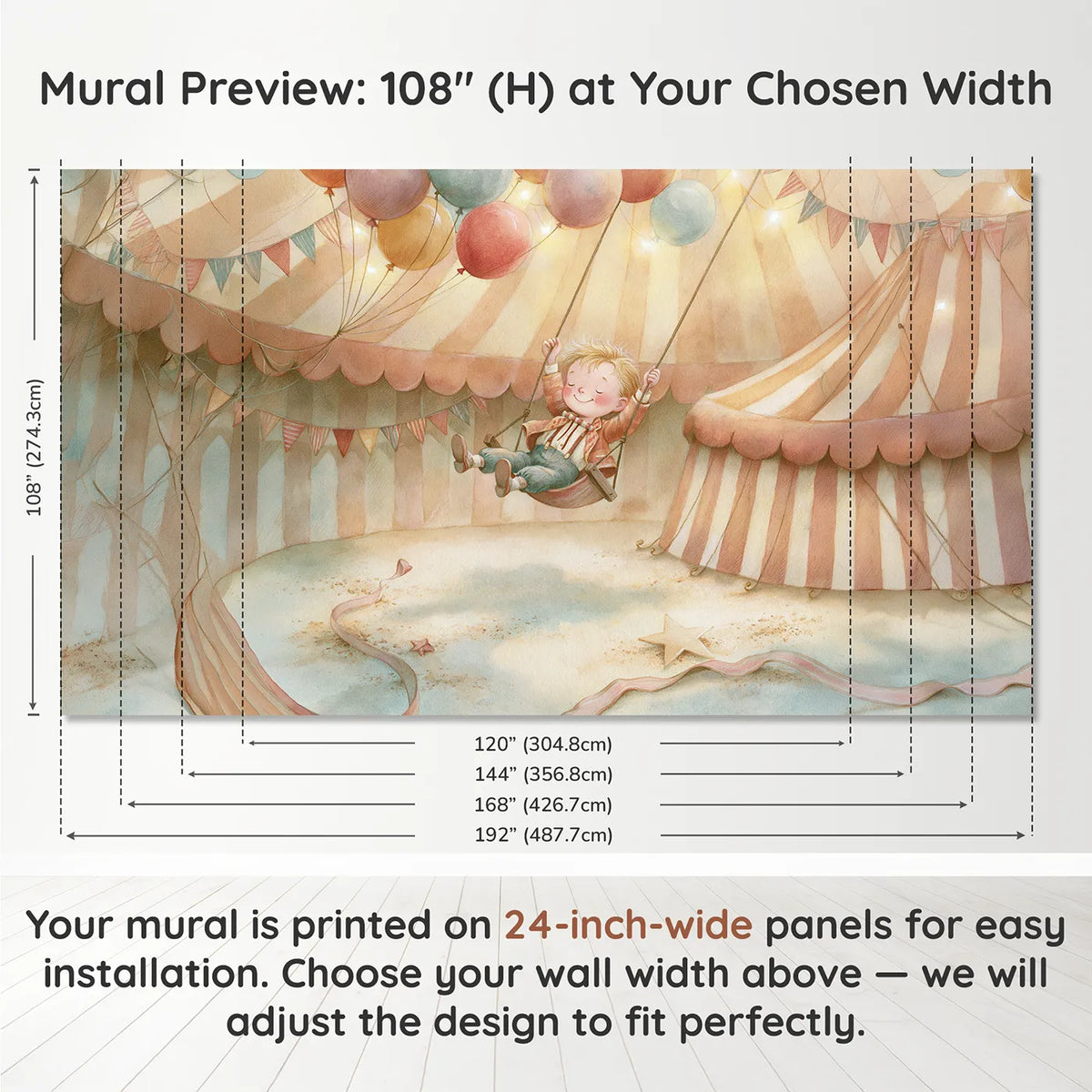 Panel layout and dimensions for Acrobat Balloon Fun Wallpaper Mural by Whimsy Tots