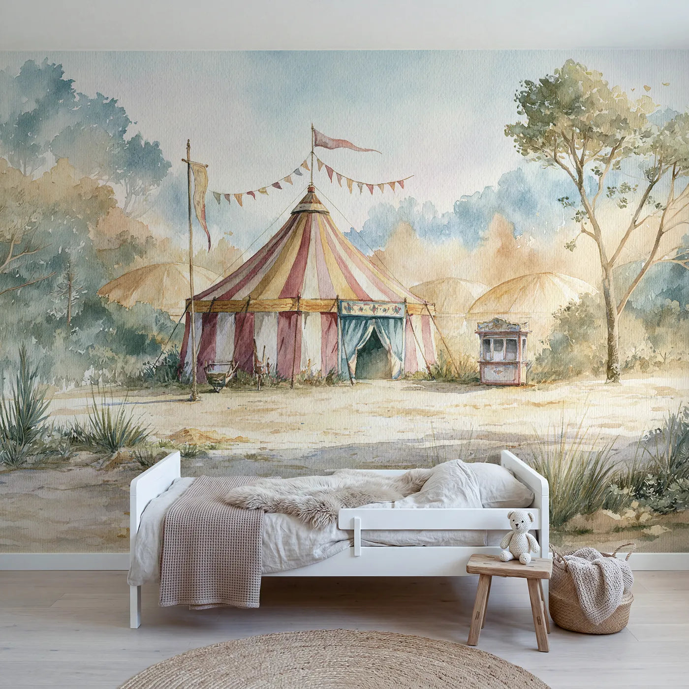 Watercolor wall mural of a circus tent with bunting on warm cream by Whimsy Tots