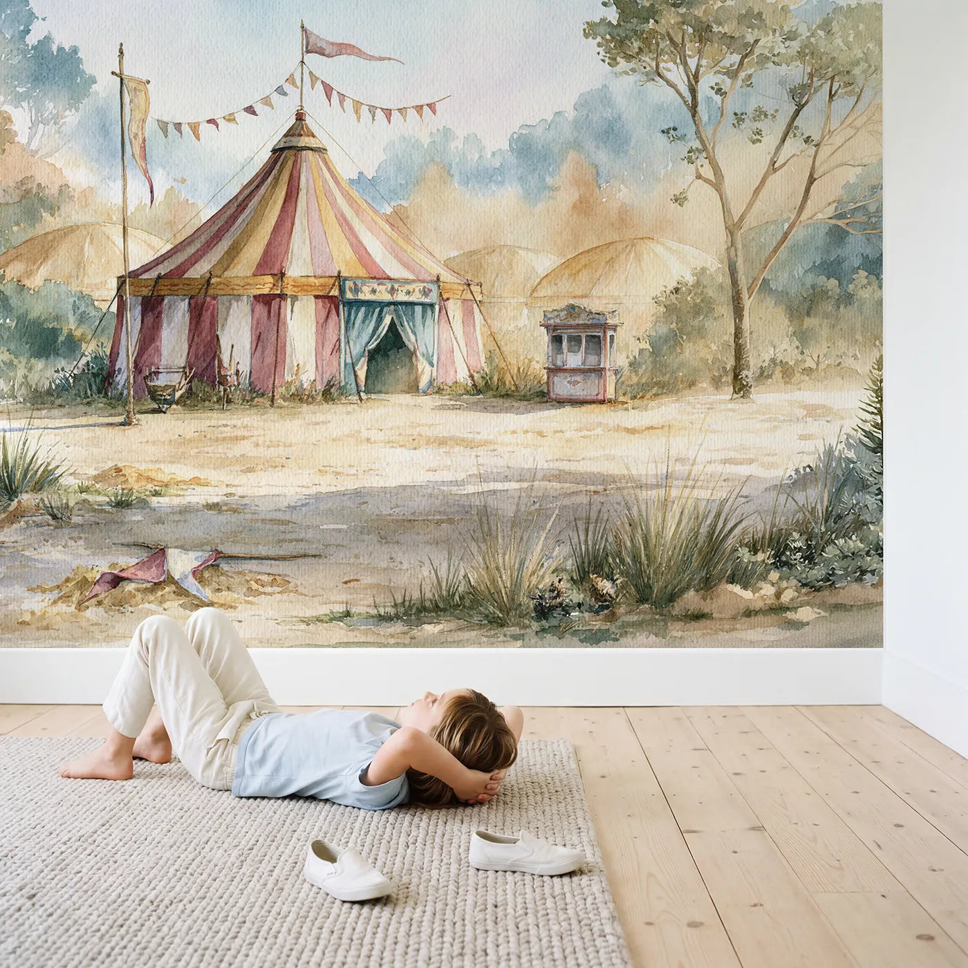 Child in nursery with Circus Tent Bunting Wallpaper Mural by Whimsy Tots