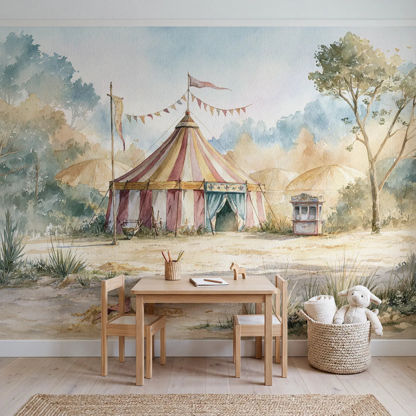 Circus Tent Bunting Wallpaper Mural in playroom setting by Whimsy Tots