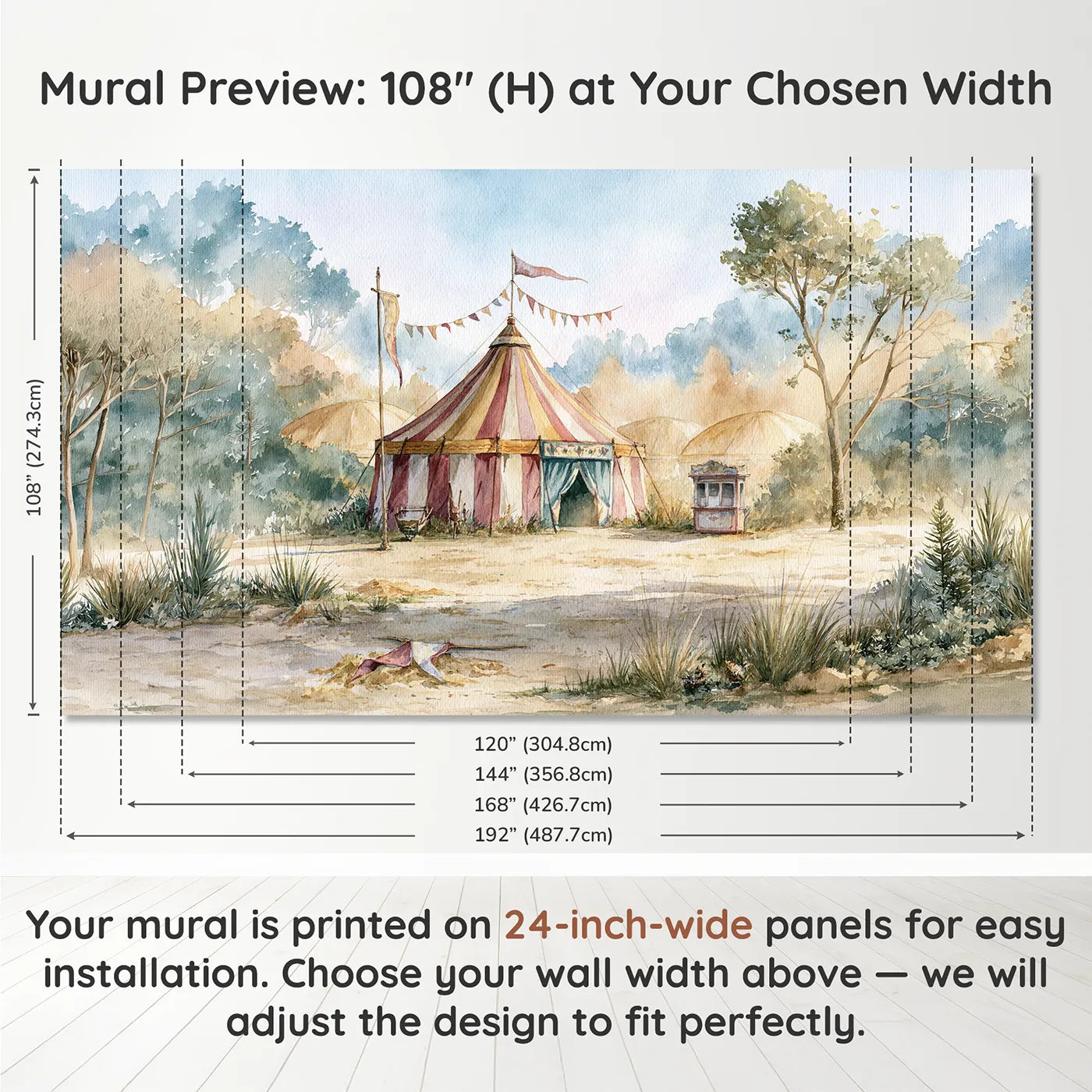 Panel layout and dimensions for Circus Tent Bunting Wallpaper Mural by Whimsy Tots