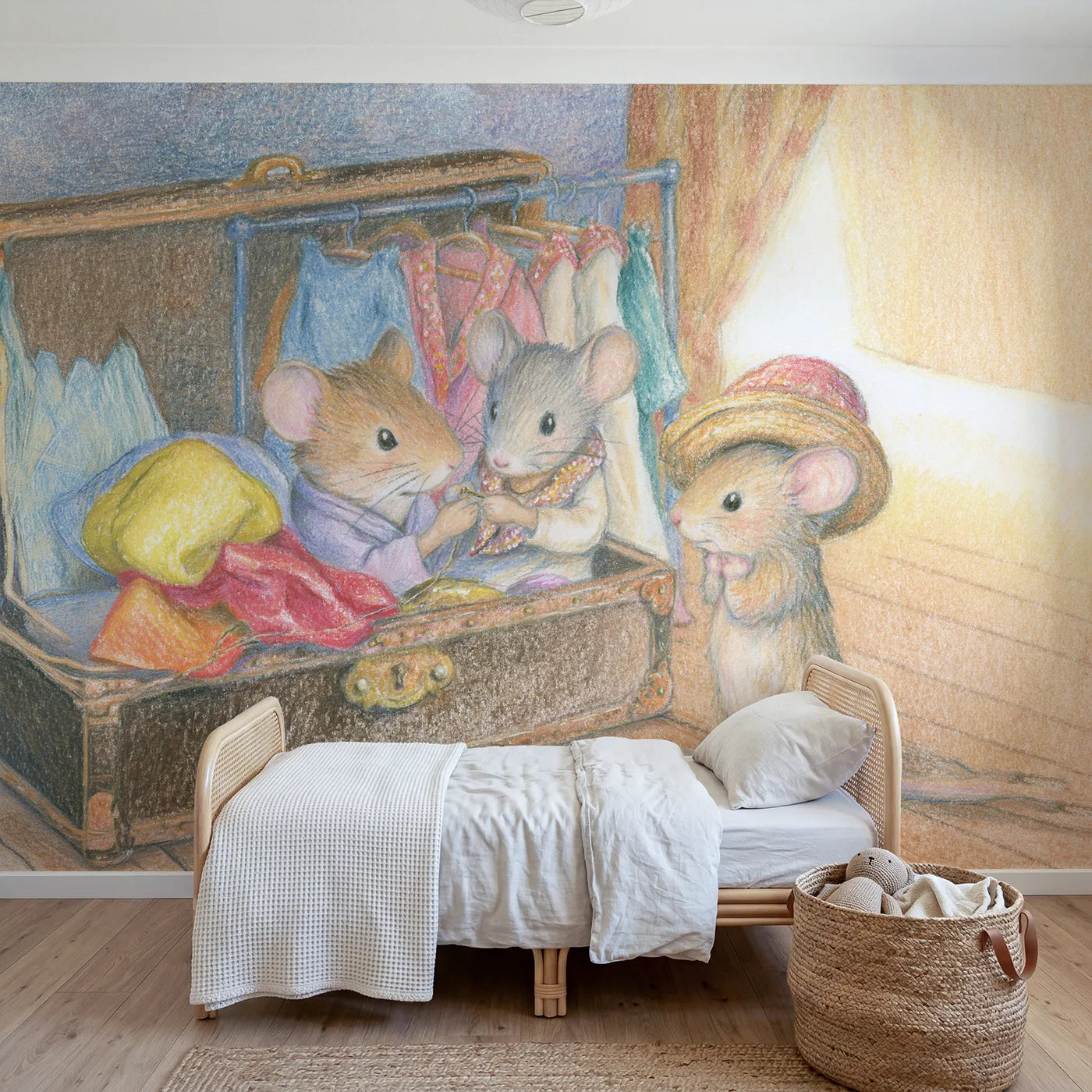 Colored Pencil wardrobe mouse stitching a spangled collar, mural for a girls room by Whimsy Tots
