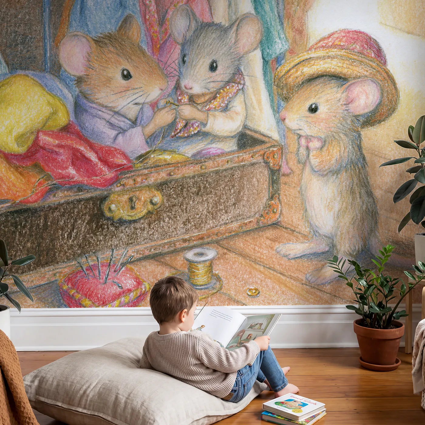 Child in nursery with The Costume Trunk Wallpaper Mural by Whimsy Tots