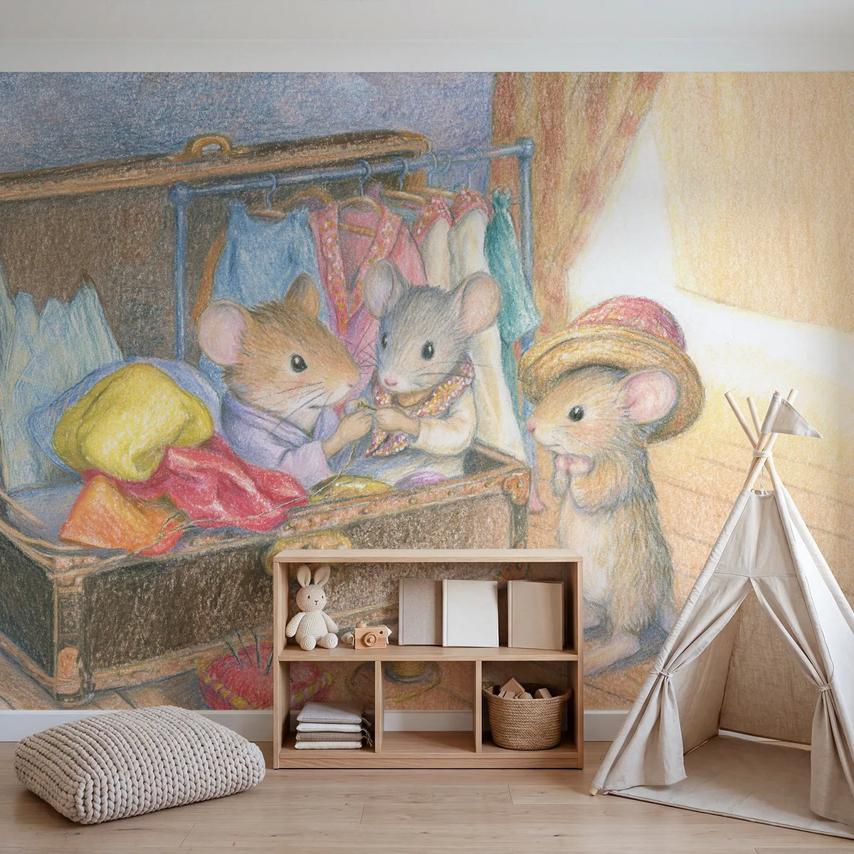 The Costume Trunk Wallpaper Mural in playroom setting by Whimsy Tots