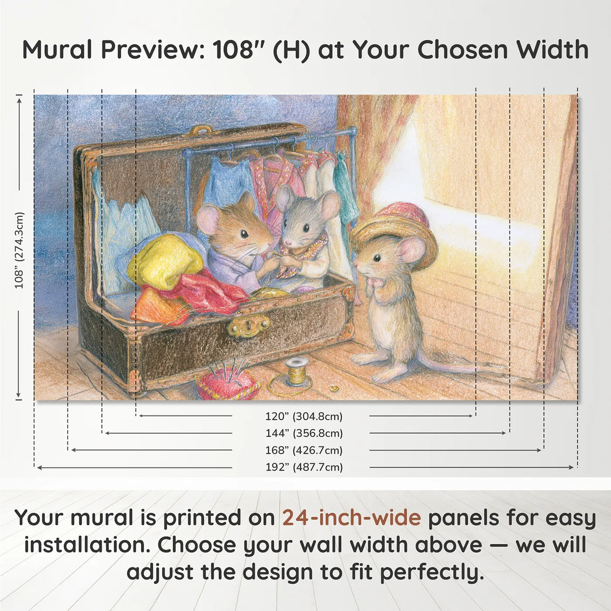 Panel layout and dimensions for The Costume Trunk Wallpaper Mural by Whimsy Tots