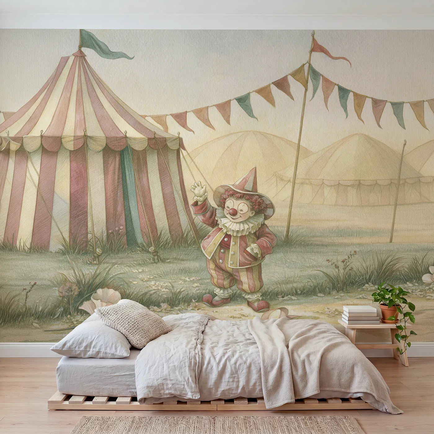 Storybook wall mural of a friendly clown waving on warm cream by Whimsy Tots