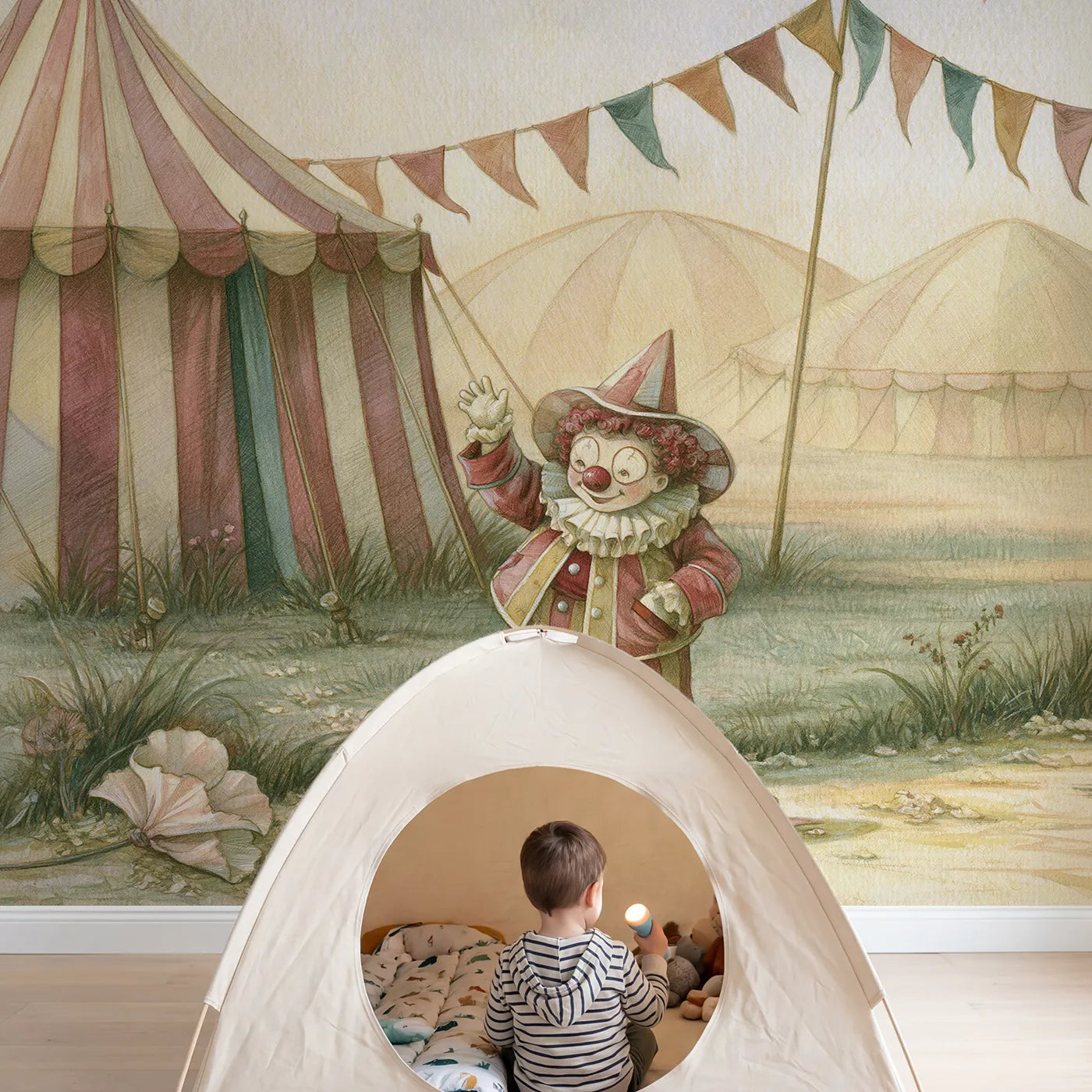 Child in nursery with Friendly Clown Wave Wallpaper Mural by Whimsy Tots