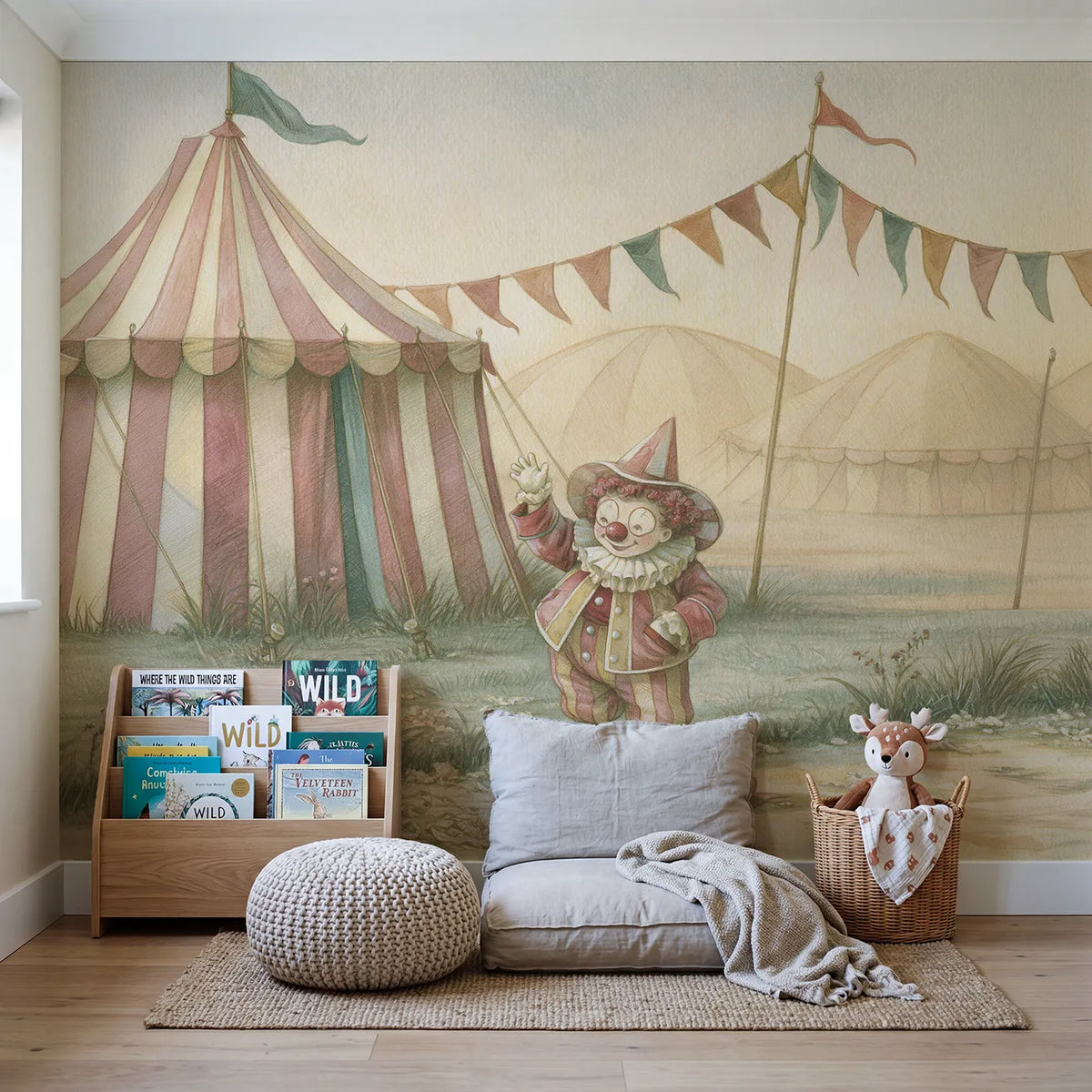 Friendly Clown Wave Wallpaper Mural in playroom setting by Whimsy Tots