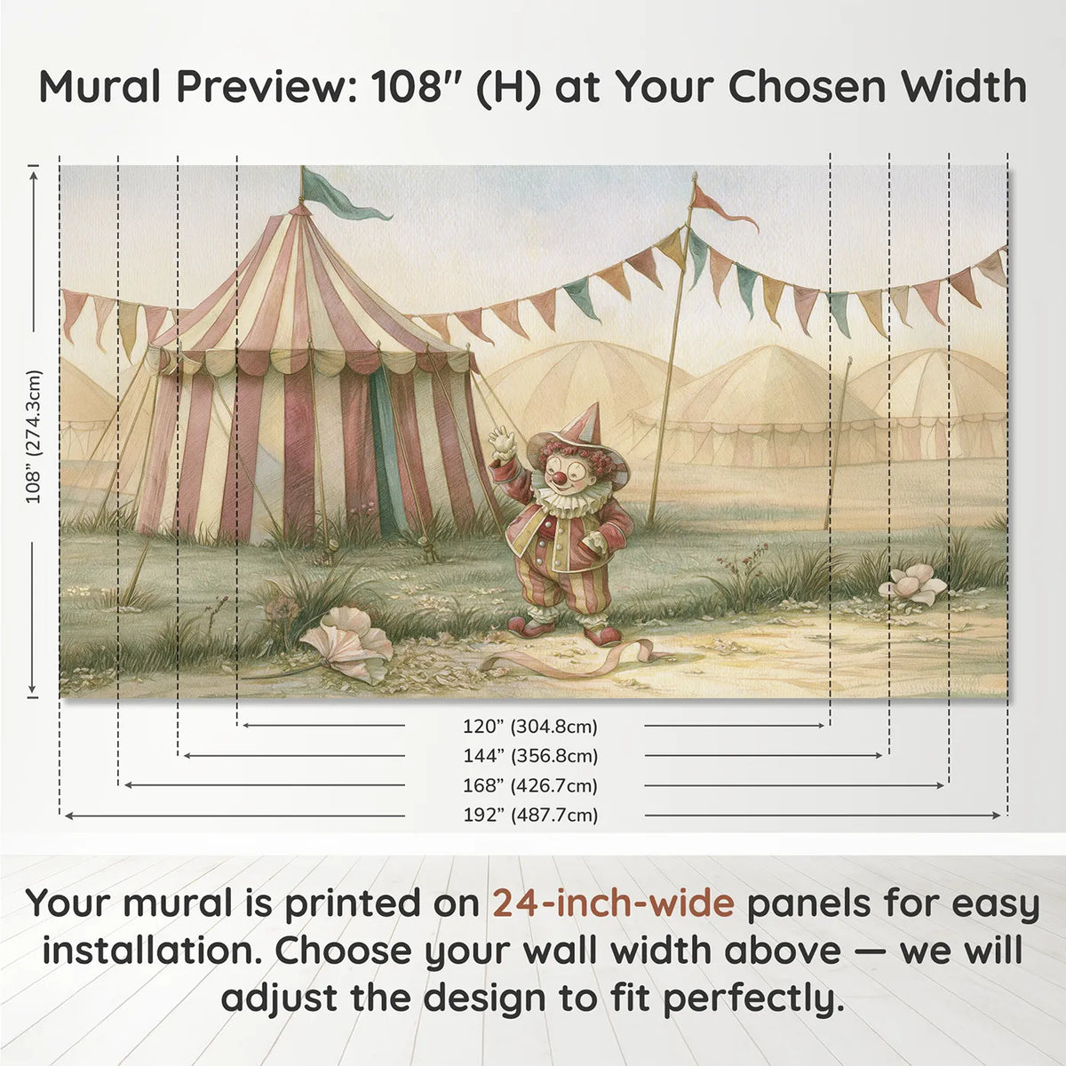 Panel layout and dimensions for Friendly Clown Wave Wallpaper Mural by Whimsy Tots