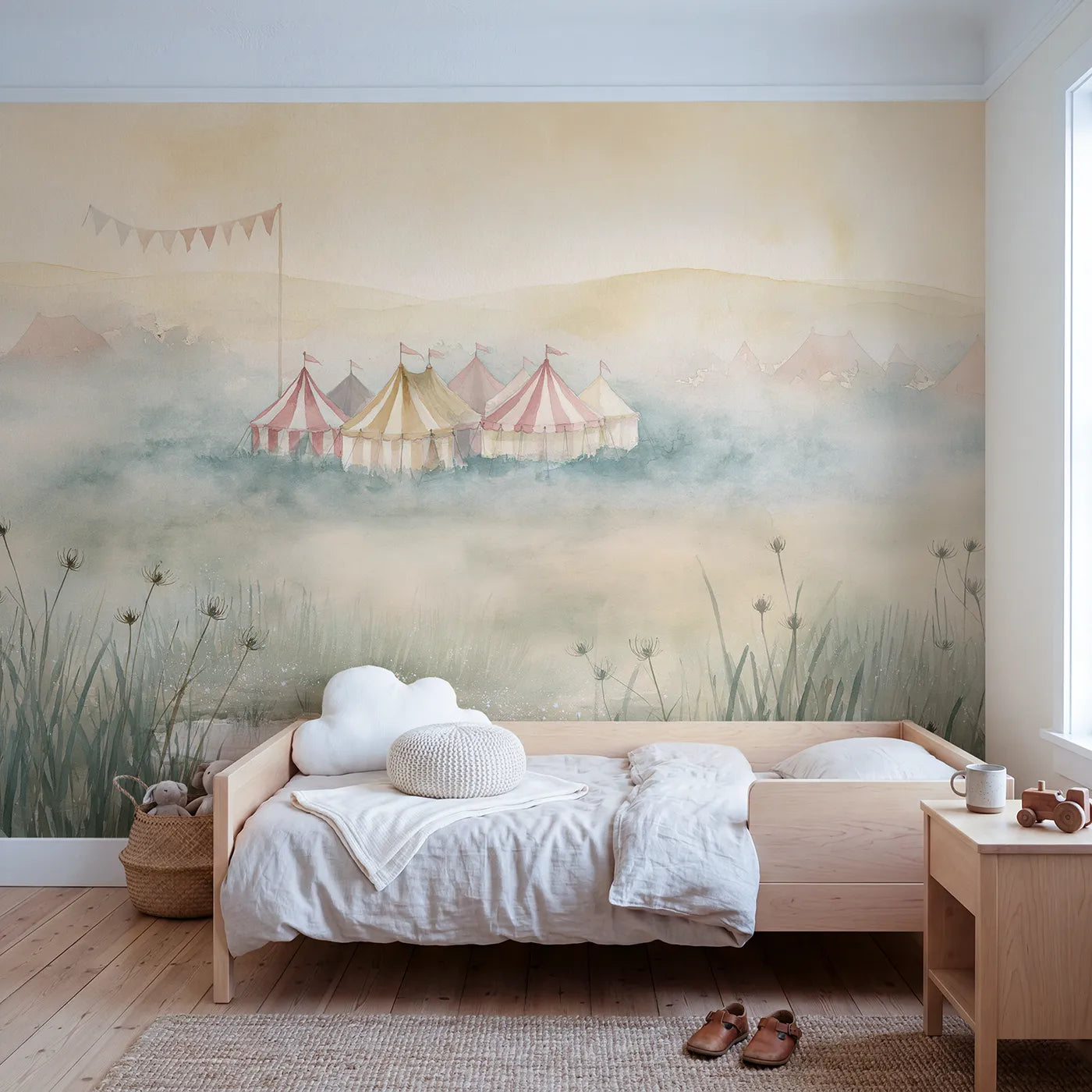 Watercolor wall mural of a misty fairground morning on warm cream by Whimsy Tots