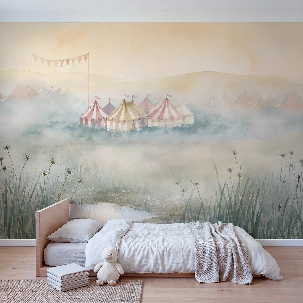 Misty Fairground Morning Wallpaper Mural in playroom setting by Whimsy Tots