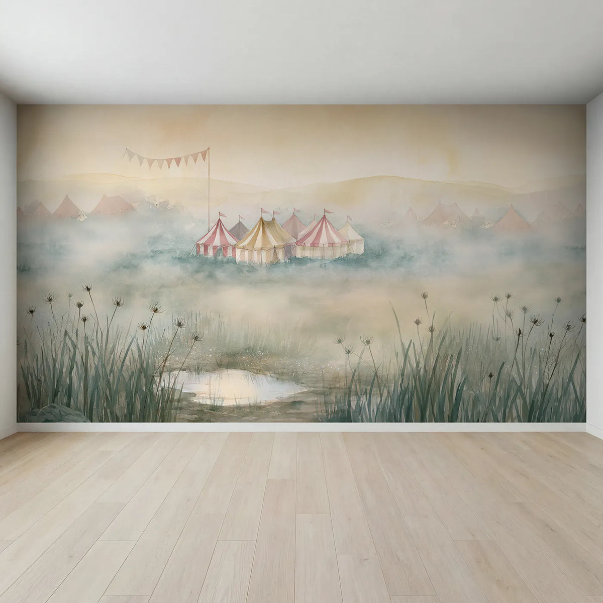 Full view of Misty Fairground Morning Wallpaper Mural by Whimsy Tots