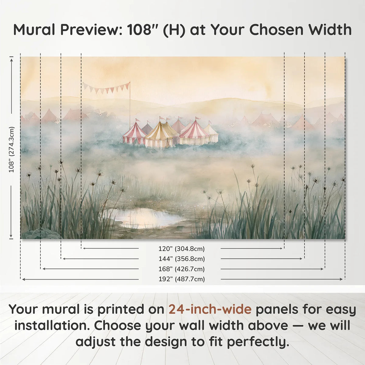Panel layout and dimensions for Misty Fairground Morning Wallpaper Mural by Whimsy Tots