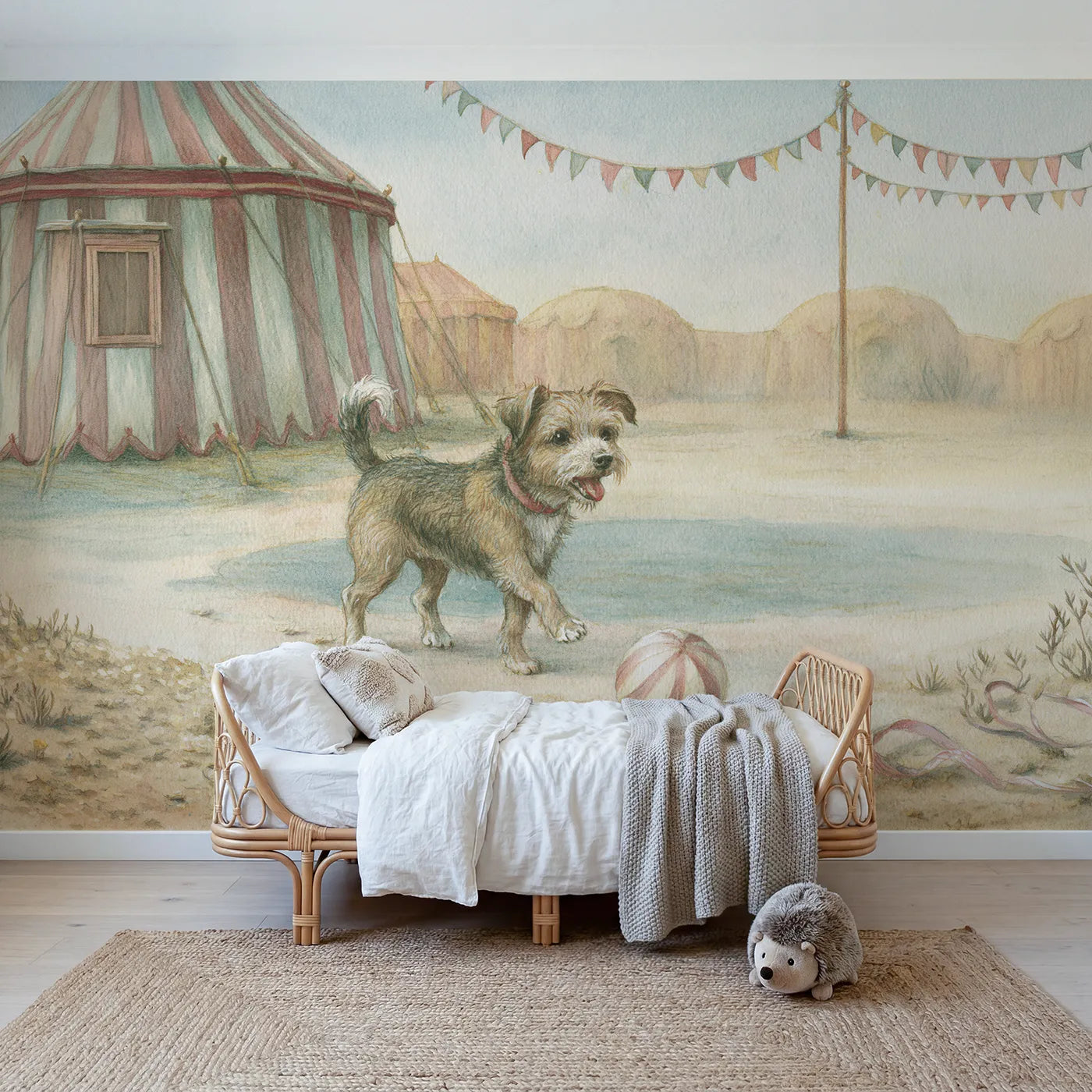 Storybook wall mural of a circus dog with a ball on warm cream by Whimsy Tots