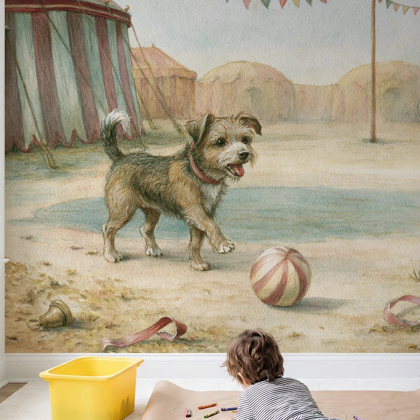 Child in nursery with Happy Circus Dog Wallpaper Mural by Whimsy Tots