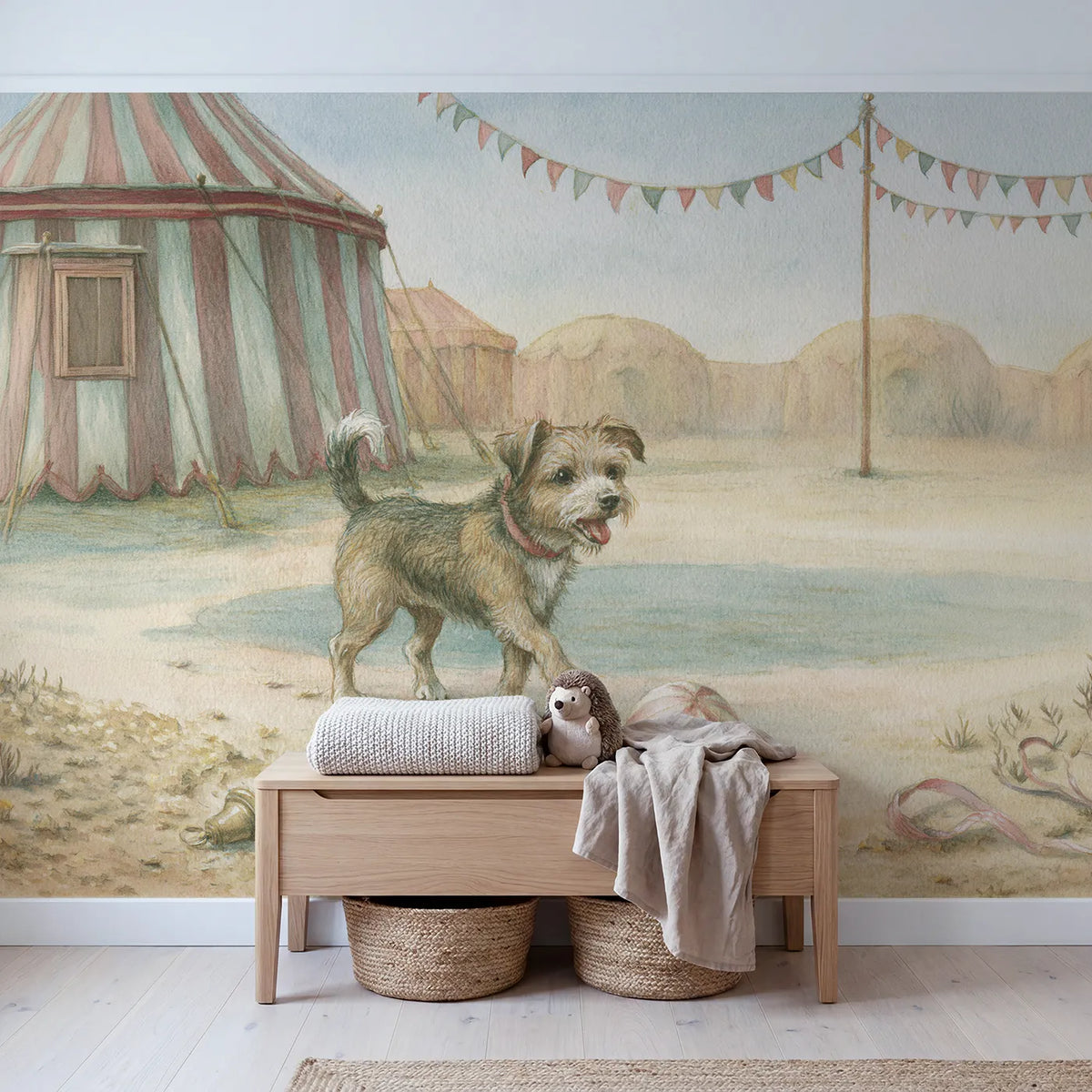 Happy Circus Dog Wallpaper Mural in playroom setting by Whimsy Tots