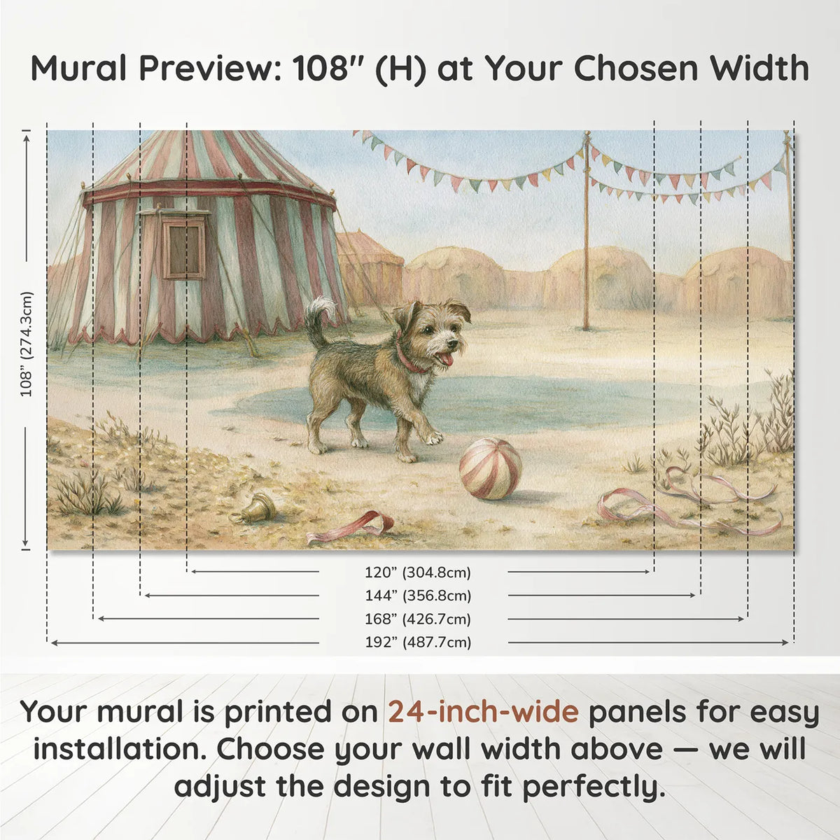 Panel layout and dimensions for Happy Circus Dog Wallpaper Mural by Whimsy Tots