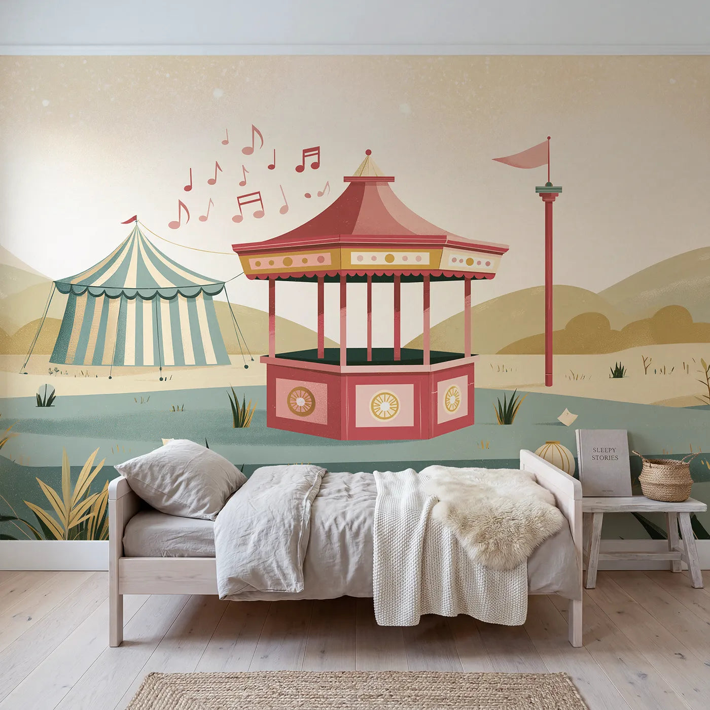 Gouache wall mural of a folk bandstand and notes on warm cream by Whimsy Tots