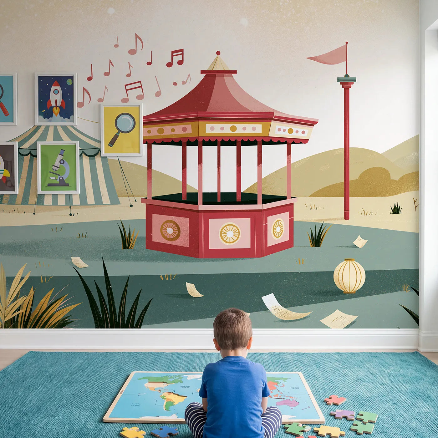 Child in nursery with Folk Bandstand Tune Wallpaper Mural by Whimsy Tots