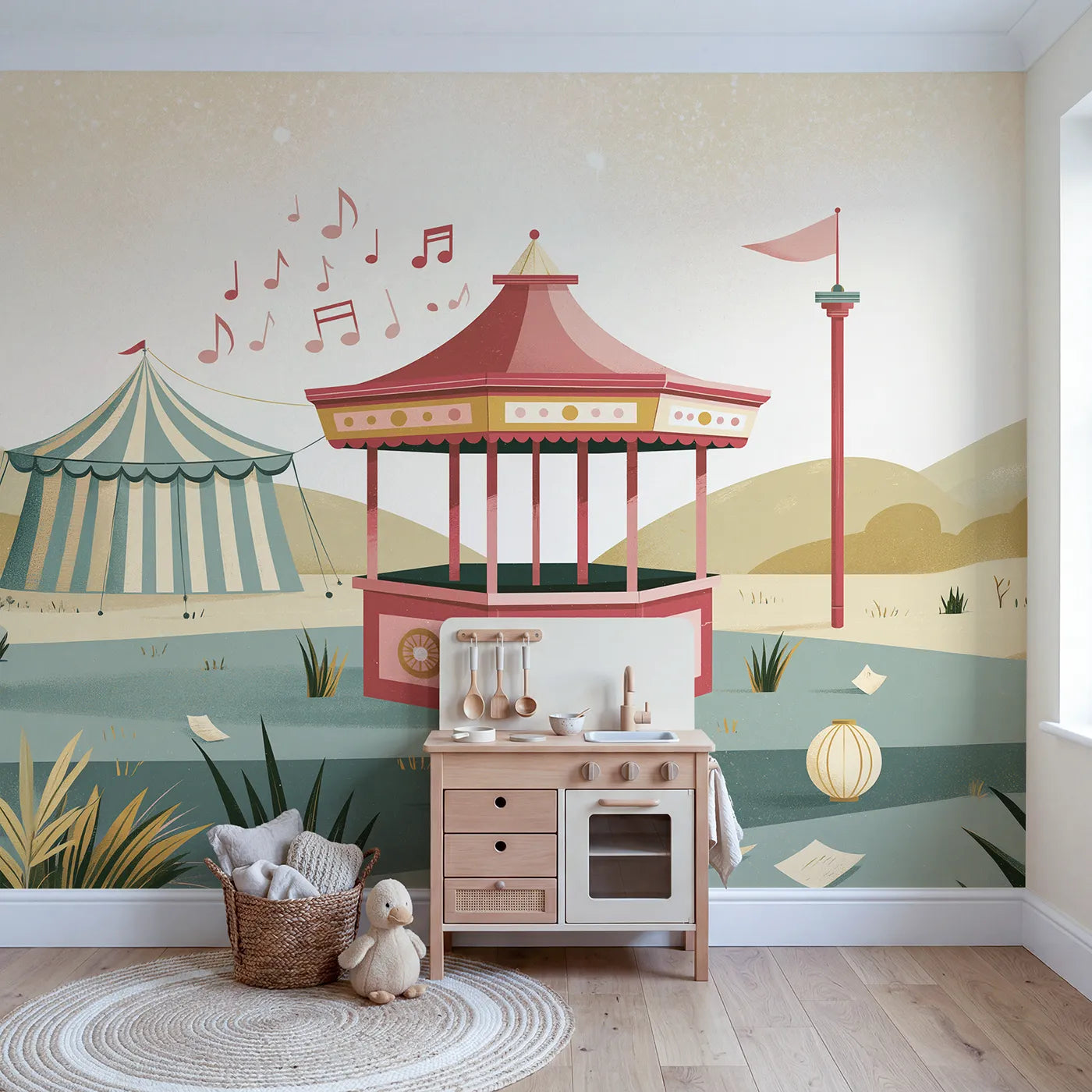 Folk Bandstand Tune Wallpaper Mural in playroom setting by Whimsy Tots