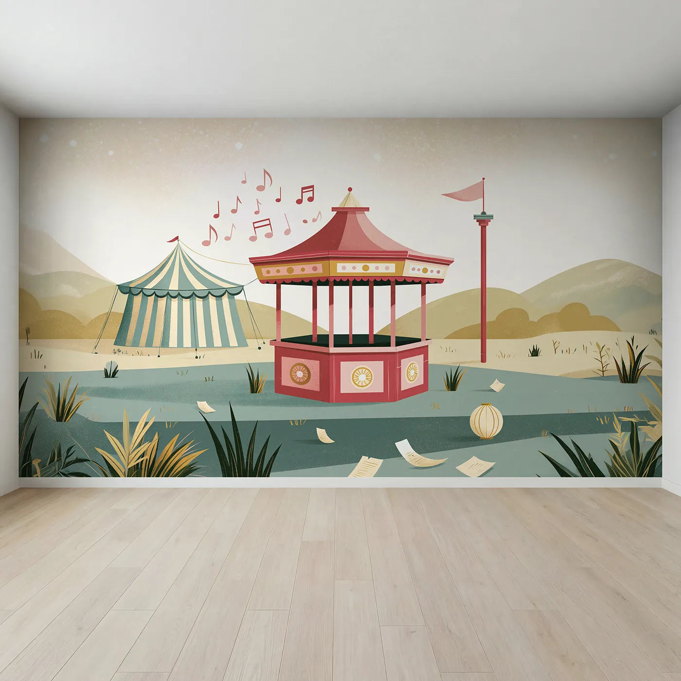 Full view of Folk Bandstand Tune Wallpaper Mural by Whimsy Tots
