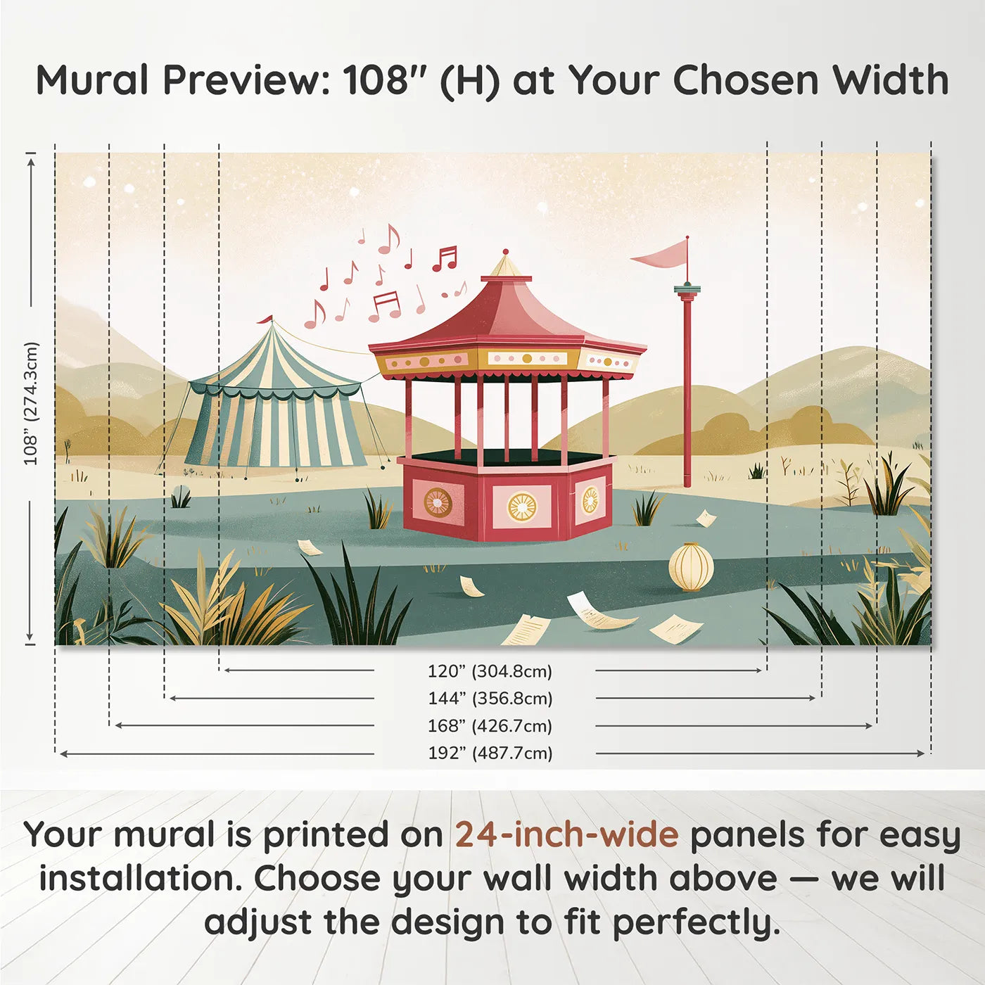 Panel layout and dimensions for Folk Bandstand Tune Wallpaper Mural by Whimsy Tots