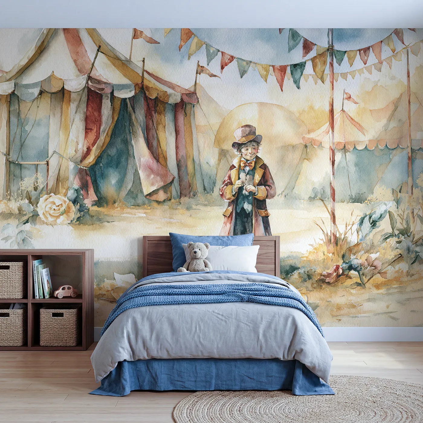 Watercolor wall mural of a ringmaster in a top hat on warm cream by Whimsy Tots