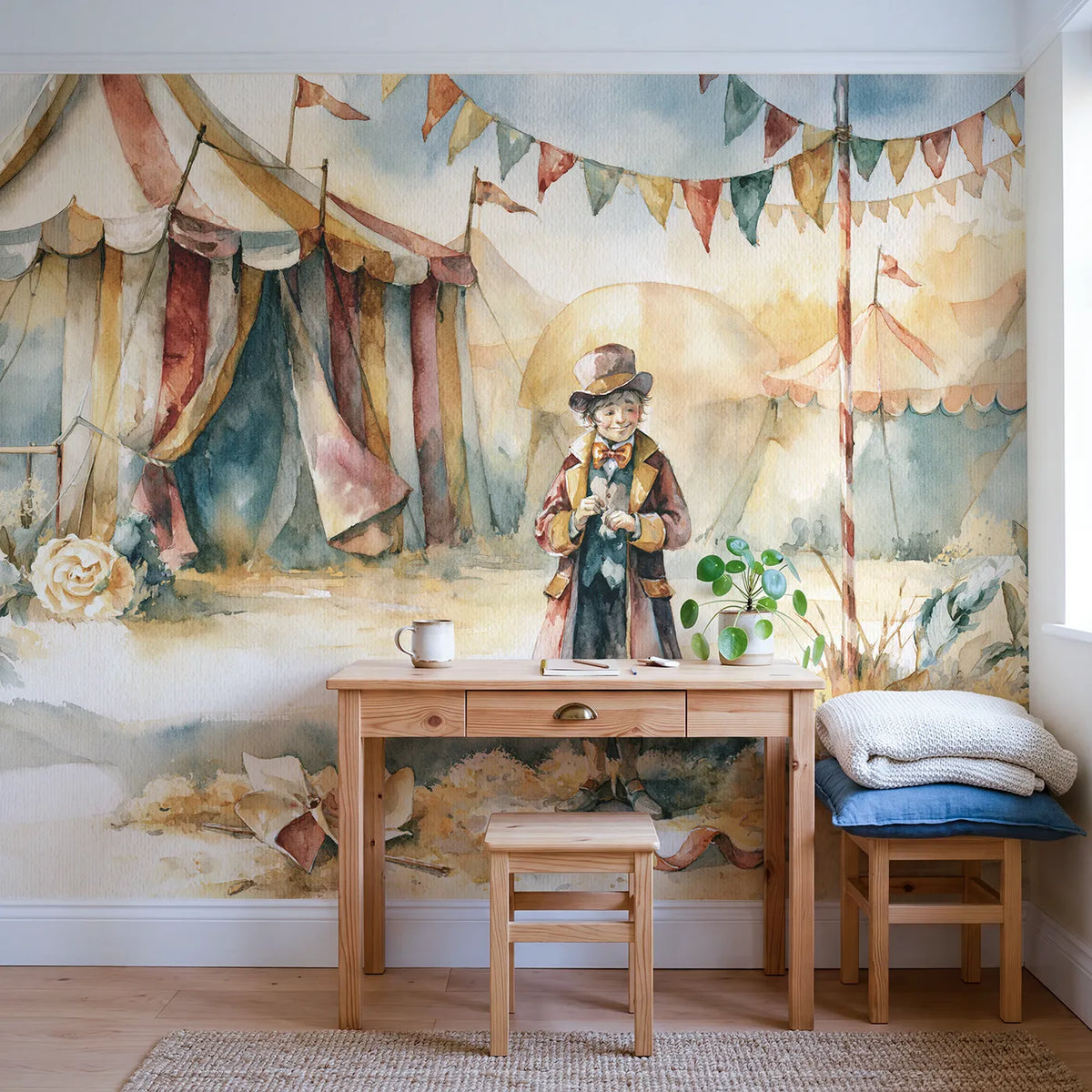 Ringmaster Top Hat Wallpaper Mural in playroom setting by Whimsy Tots