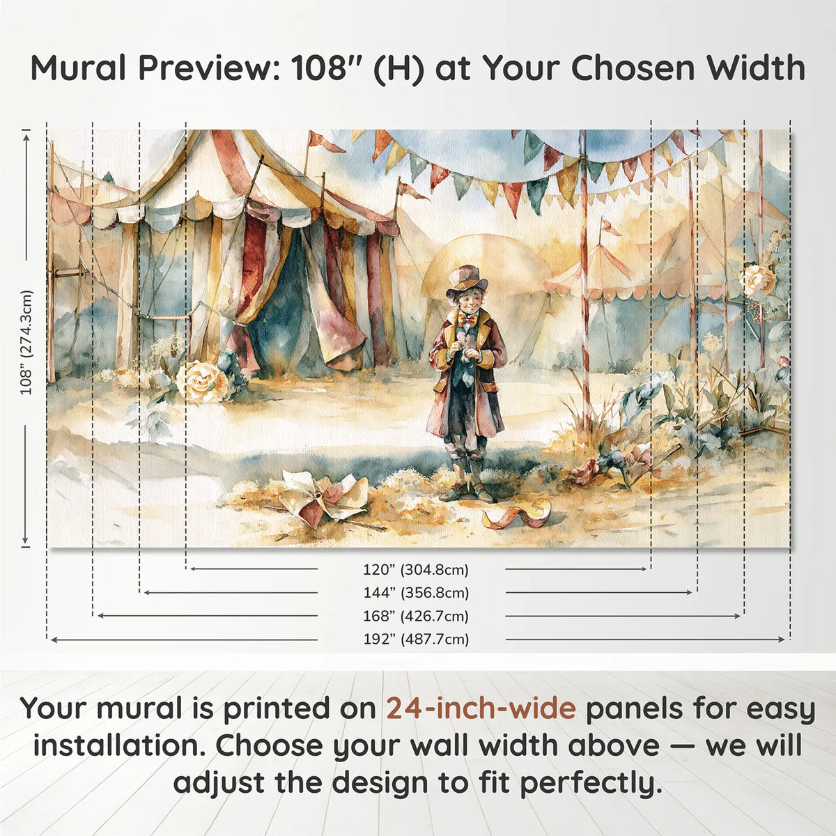 Panel layout and dimensions for Ringmaster Top Hat Wallpaper Mural by Whimsy Tots
