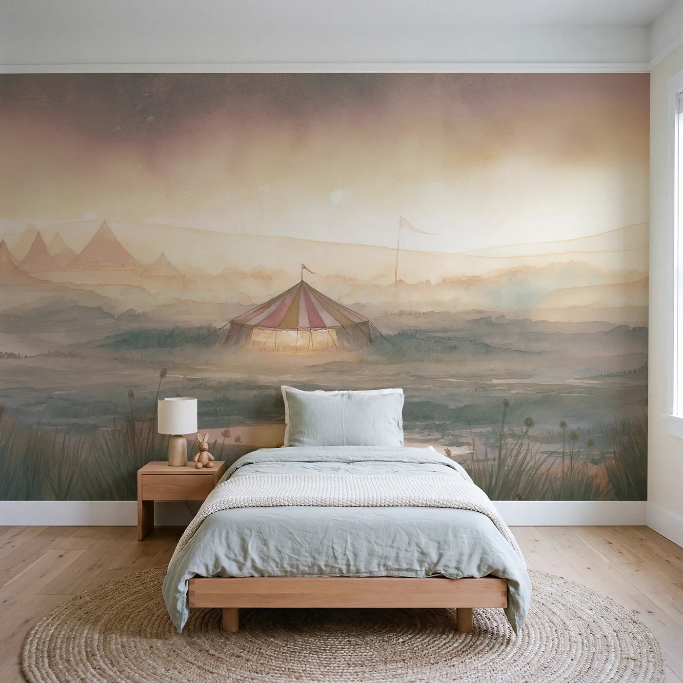 Watercolor wall mural of a circus tent glowing at dusk on warm cream by Whimsy Tots