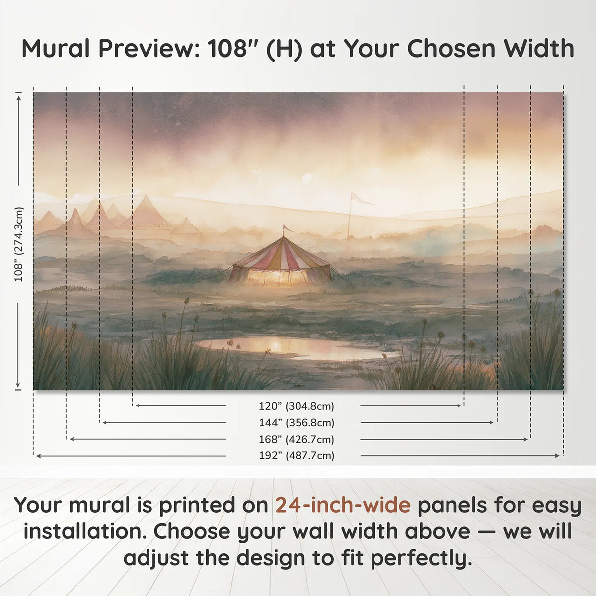 Panel layout and dimensions for Soft Circus Dusk Wallpaper Mural by Whimsy Tots
