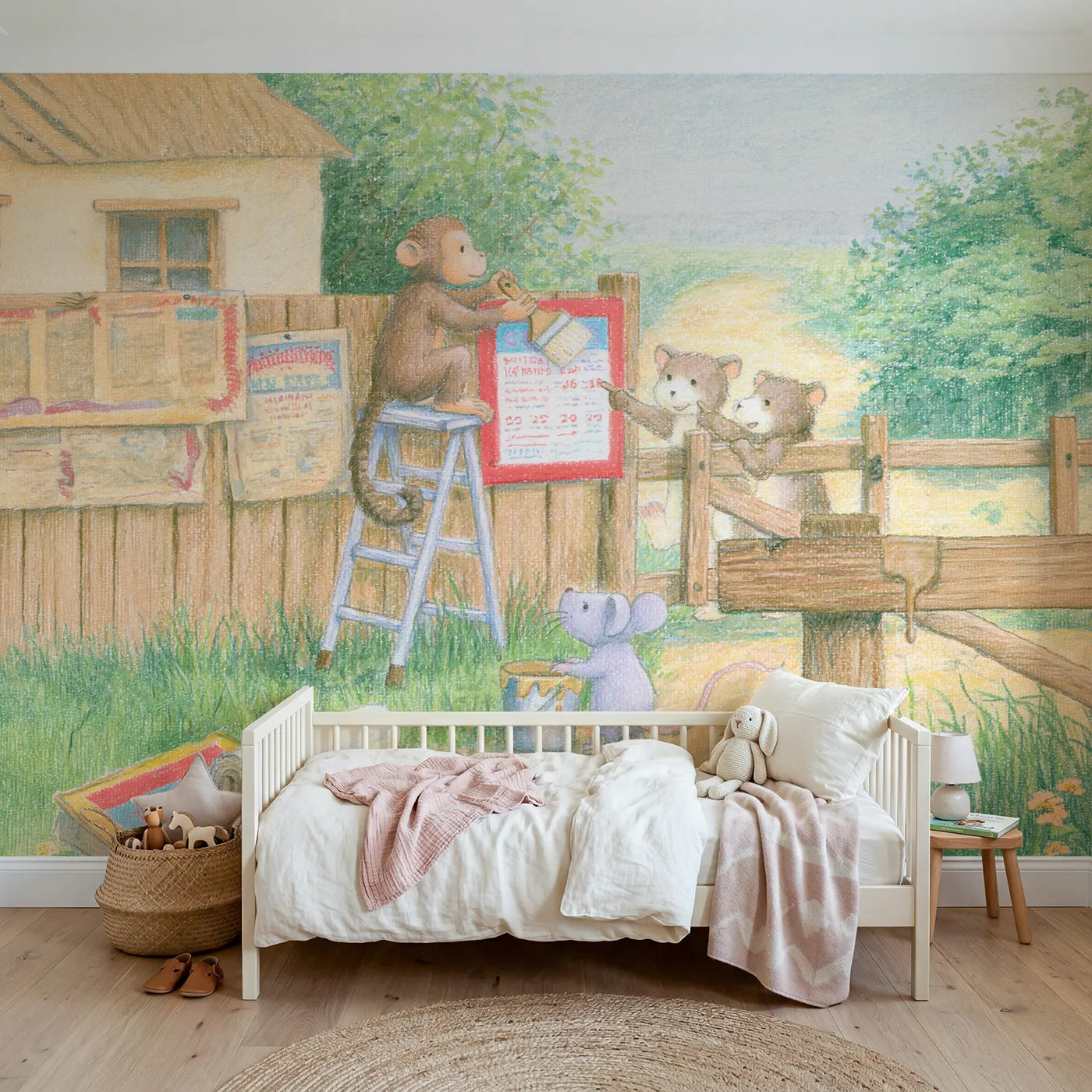 Colored Pencil circus posters pasted onto a village fence, mural for a playroom by Whimsy Tots
