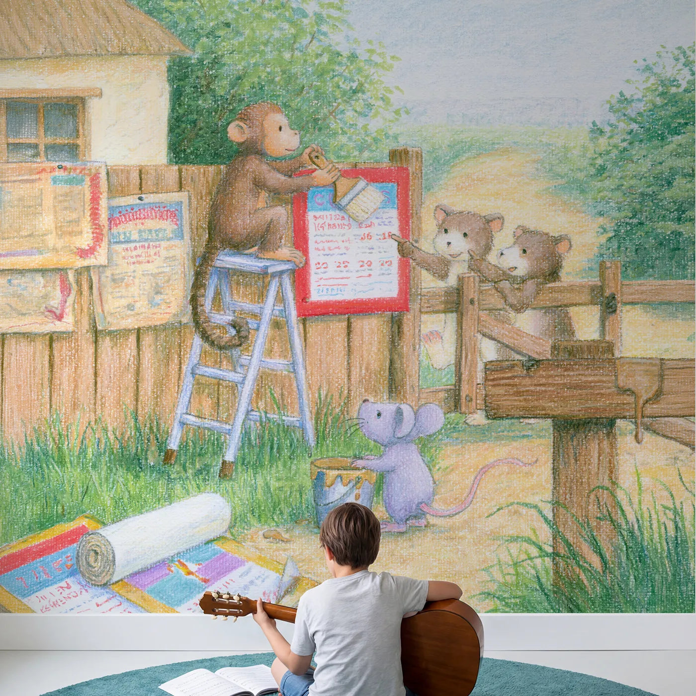 Child in nursery with Pasting the Posters Wallpaper Mural by Whimsy Tots