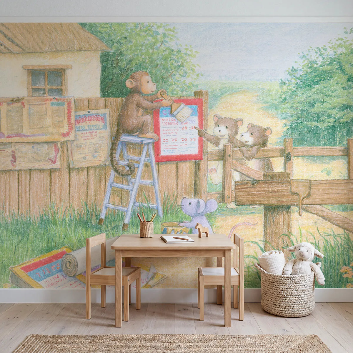 Pasting the Posters Wallpaper Mural in playroom setting by Whimsy Tots