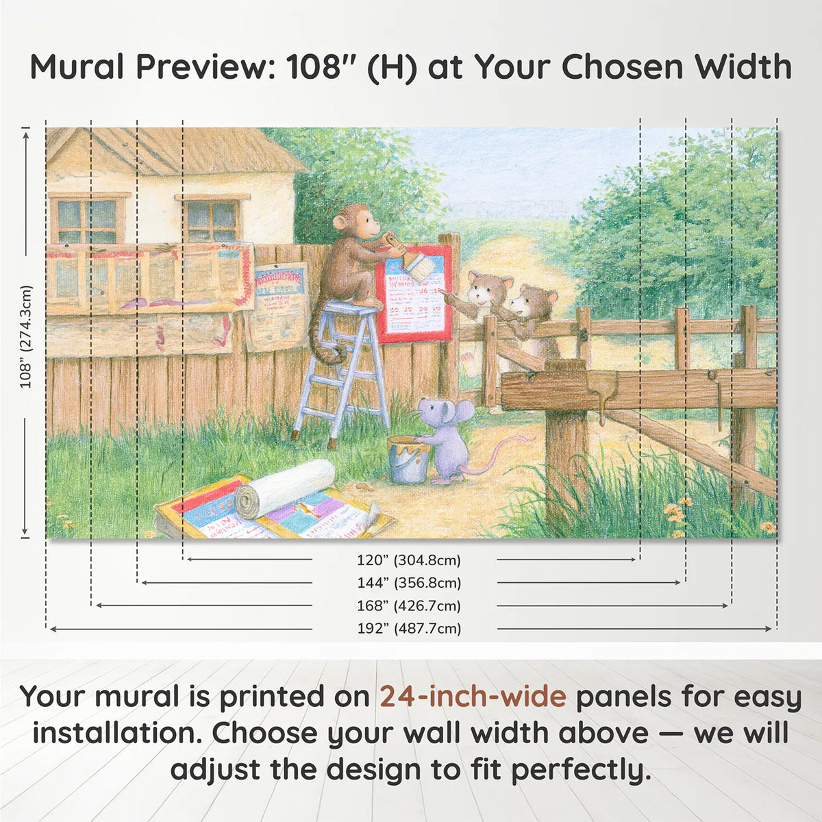 Panel layout and dimensions for Pasting the Posters Wallpaper Mural by Whimsy Tots