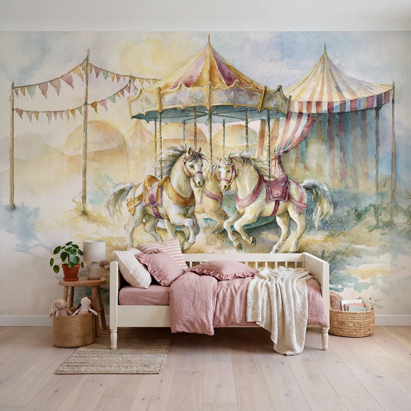 Watercolor wall mural of a vintage carousel on warm cream by Whimsy Tots