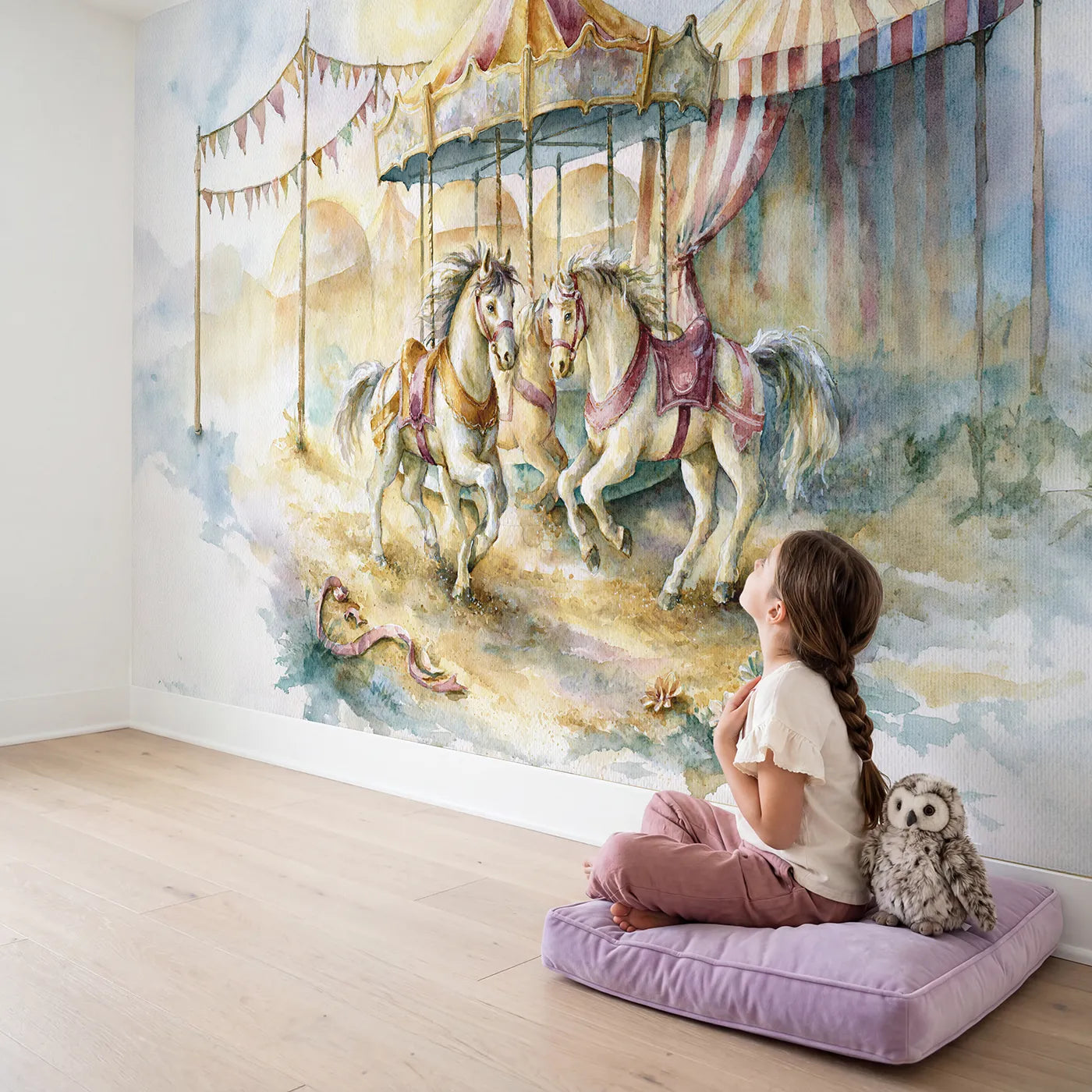 Child in nursery with Vintage Carousel Horses Wallpaper Mural by Whimsy Tots